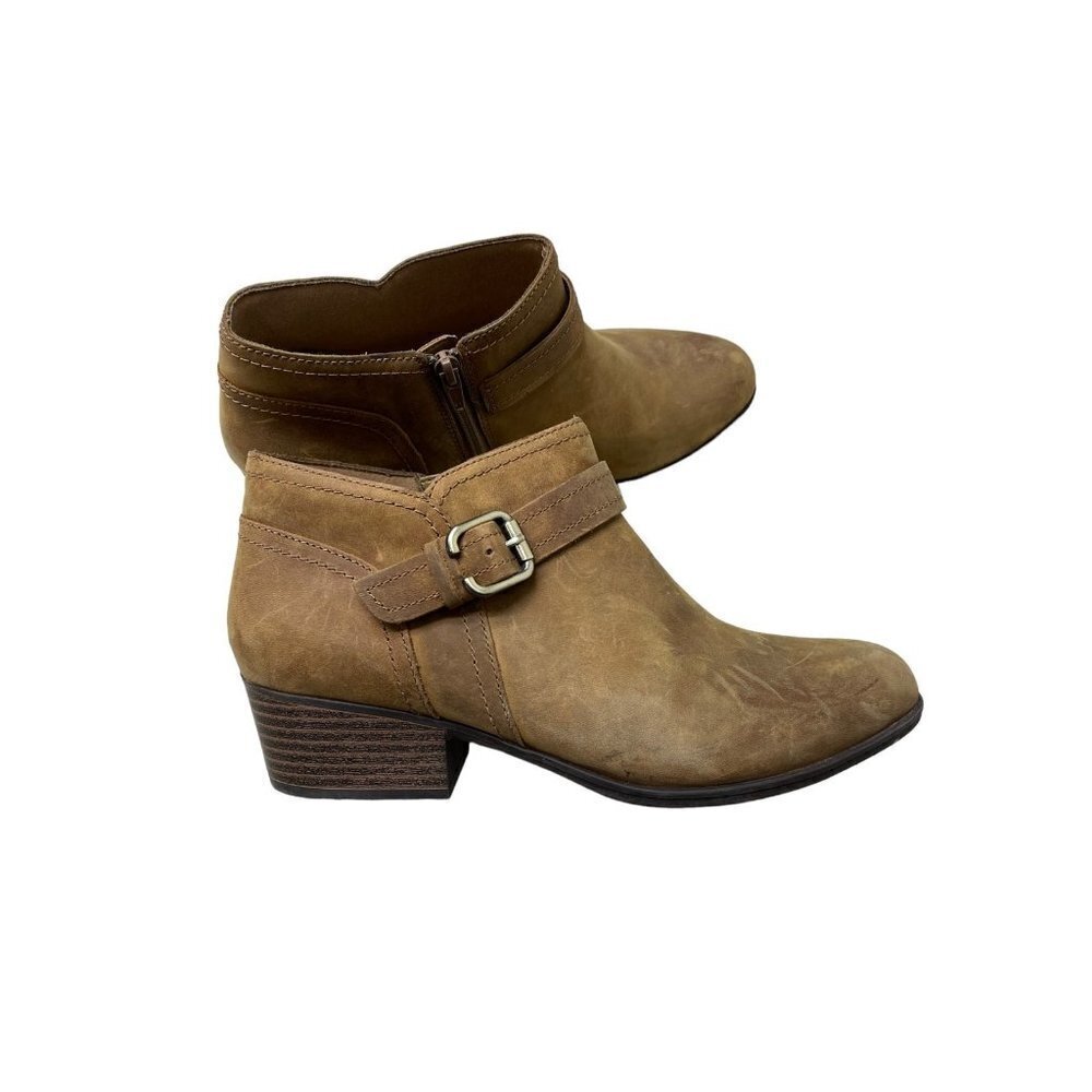 Clarks Adreena Ankle Boots Bootie Brown Leather Strap Buckle Low Heel Zip Sz 10